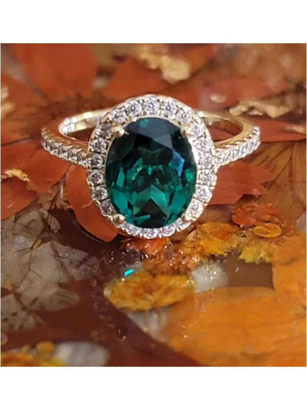 3ct Lab Grown Emerald Halo Ring 925 Silver Champagne Gold Size 7 NWT